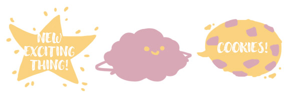 A comic brain between two graphics. The one on the left says, "New exciting thing!" The one on the right, "Cookies!"